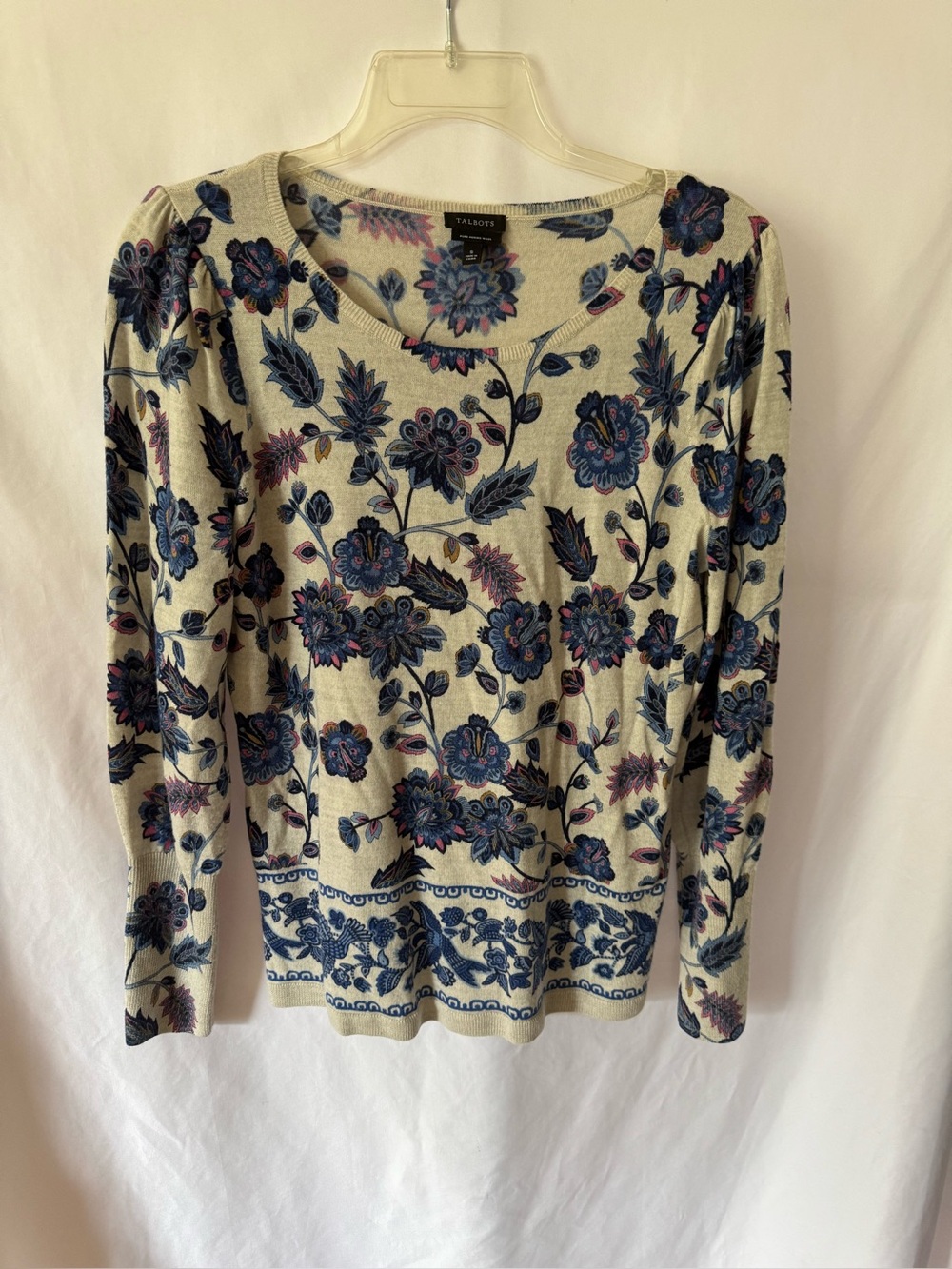 Talbots Merino Wool Sweater Womens Small Paisley Floral Boho Cottage Puff Sleeve